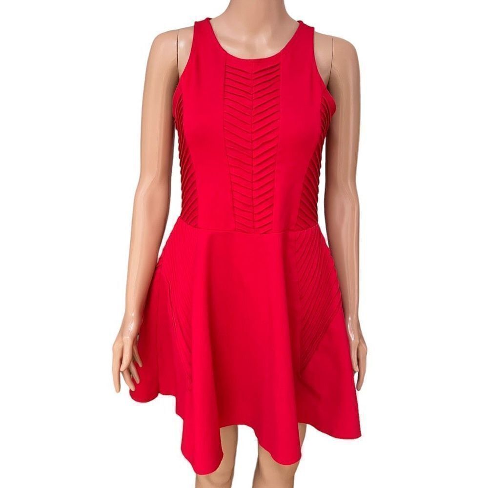 Parker Red Knit Halter Short Dress Sleeveless Fit Flare Pleat Detail Women Sz M